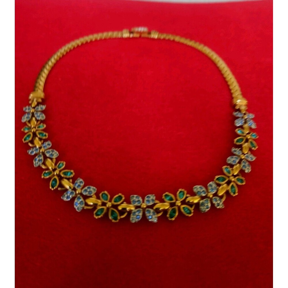 Swarovski Signed Blue Teal Crystal Quatrefoil Flower Gold Plated Necklace Estate - Picture 7 of 15